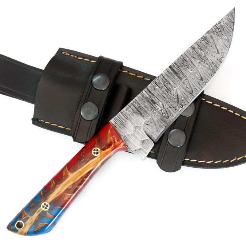 10" DAMASCUS KNIFE WITH MOSAIC PIN, LANYARD HOLE & PREMIUM LEATHER SHEATH-T32